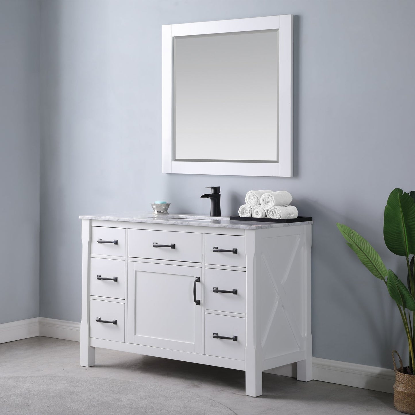 Maribella 48" Single Bathroom Vanity Set in White and Carrara White Marble Countertop with Mirror