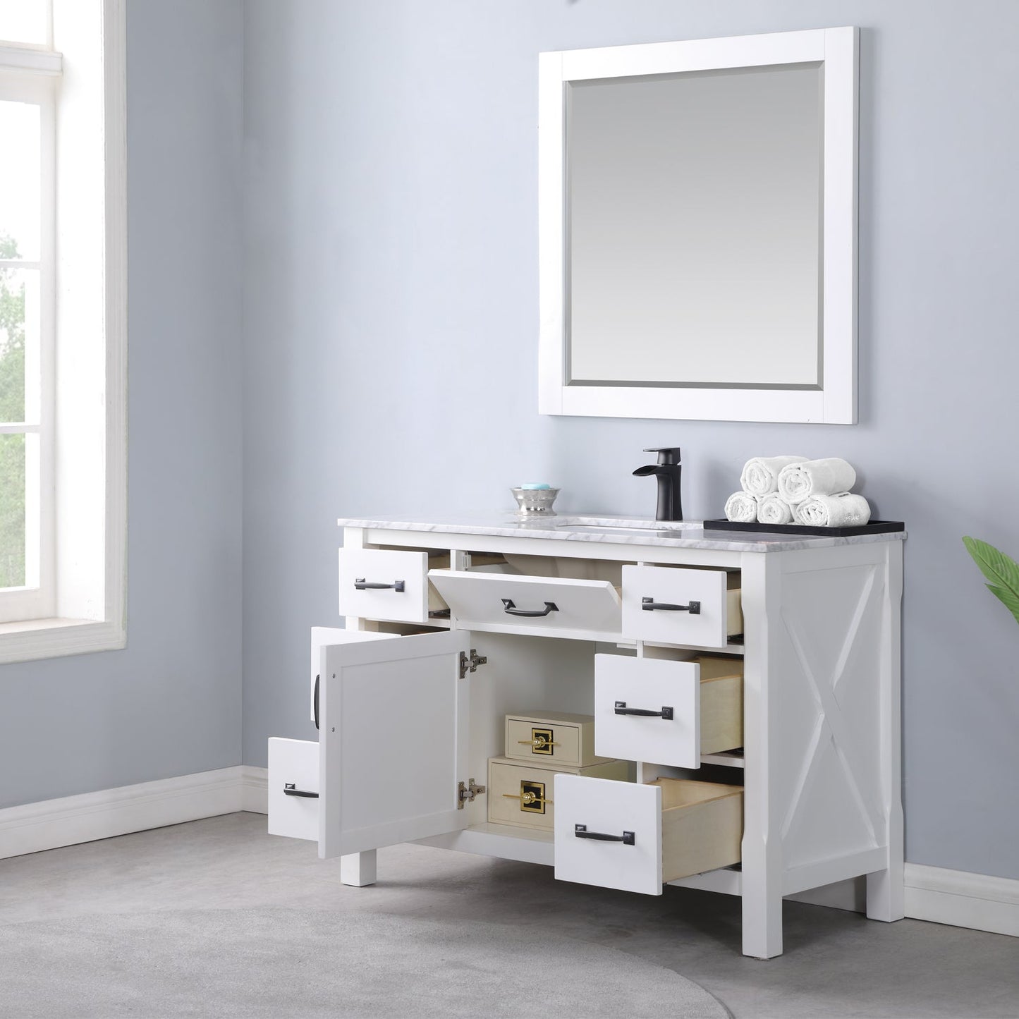 Maribella 48" Single Bathroom Vanity Set in White and Carrara White Marble Countertop with Mirror