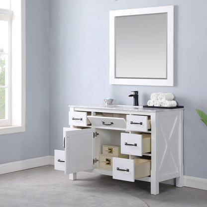 Maribella 48" Single Bathroom Vanity Set in White and Carrara White Marble Countertop with Mirror