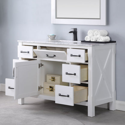 Maribella 48" Single Bathroom Vanity Set in White and Carrara White Marble Countertop with Mirror