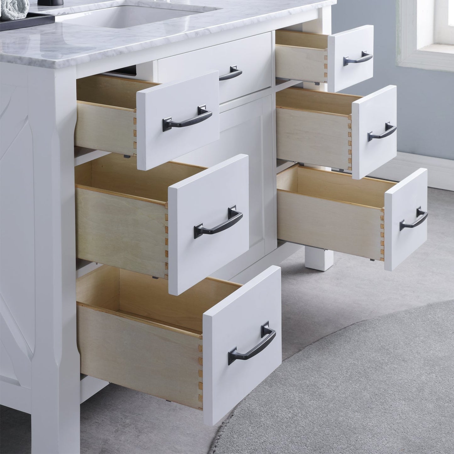 Maribella 48" Single Bathroom Vanity Set in White and Carrara White Marble Countertop with Mirror
