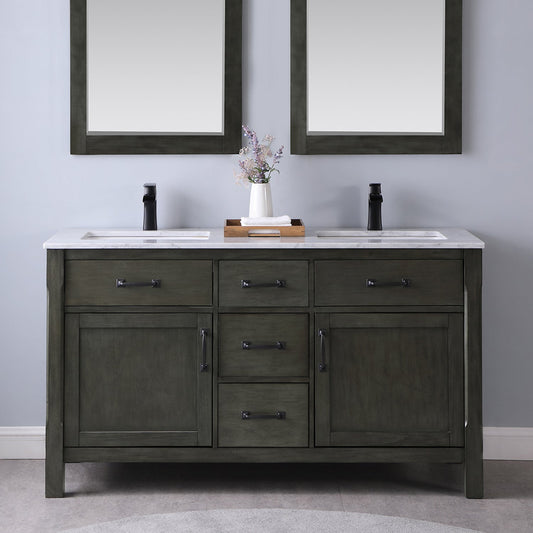 Maribella 60" Double Bathroom Vanity Set in Rust Black and Carrara White Marble Countertop without Mirror