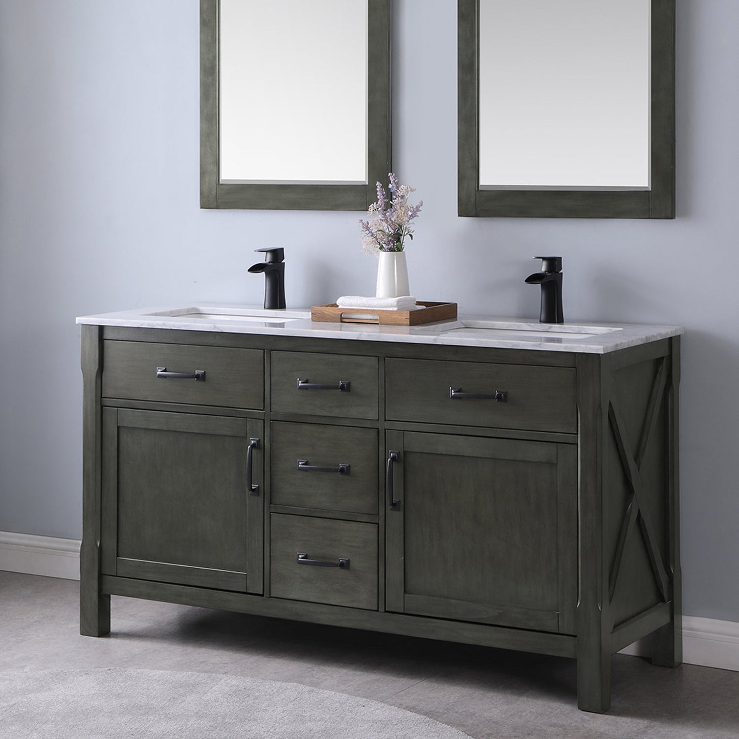 Maribella 60" Double Bathroom Vanity Set in Rust Black and Carrara White Marble Countertop without Mirror