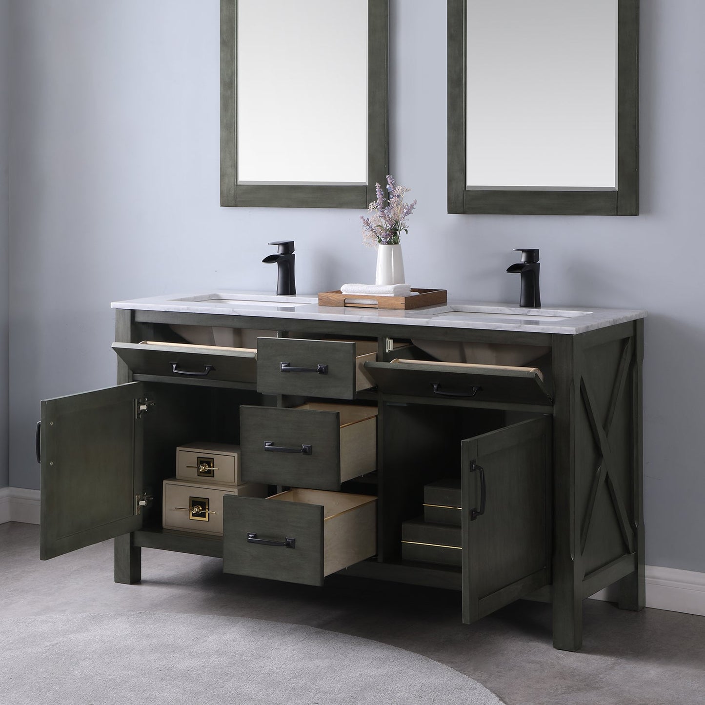 Maribella 60" Double Bathroom Vanity Set in Rust Black and Carrara White Marble Countertop without Mirror