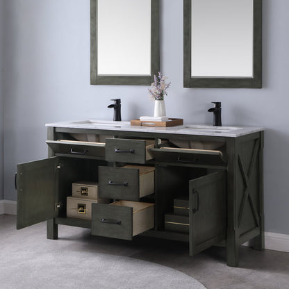 Maribella 60" Double Bathroom Vanity Set in Rust Black and Carrara White Marble Countertop without Mirror