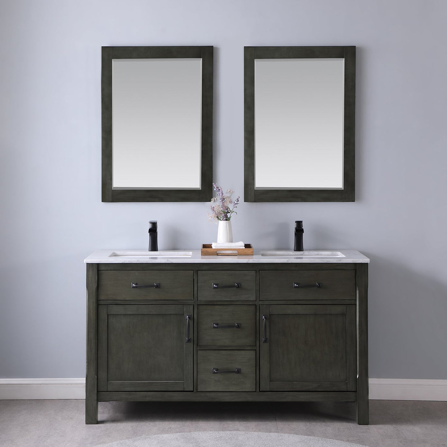 Maribella 60" Double Bathroom Vanity Set in Rust Black and Carrara White Marble Countertop without Mirror
