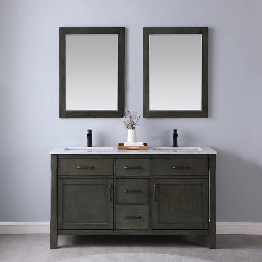 Maribella 60" Double Bathroom Vanity Set in Rust Black and Carrara White Marble Countertop with Mirror