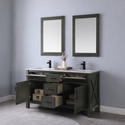 Maribella 60" Double Bathroom Vanity Set in Rust Black and Carrara White Marble Countertop with Mirror