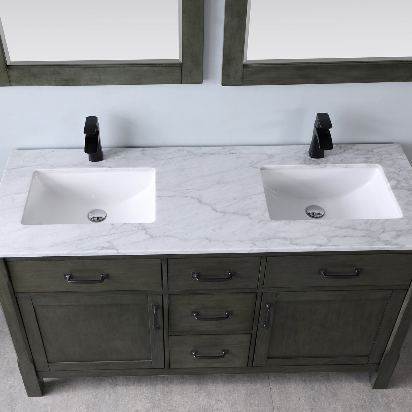 Maribella 60" Double Bathroom Vanity Set in Rust Black and Carrara White Marble Countertop with Mirror