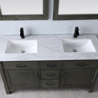 Maribella 60" Double Bathroom Vanity Set in Rust Black and Carrara White Marble Countertop with Mirror