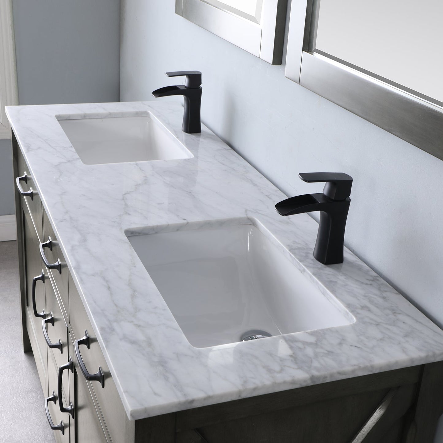 Maribella 60" Double Bathroom Vanity Set in Rust Black and Carrara White Marble Countertop with Mirror