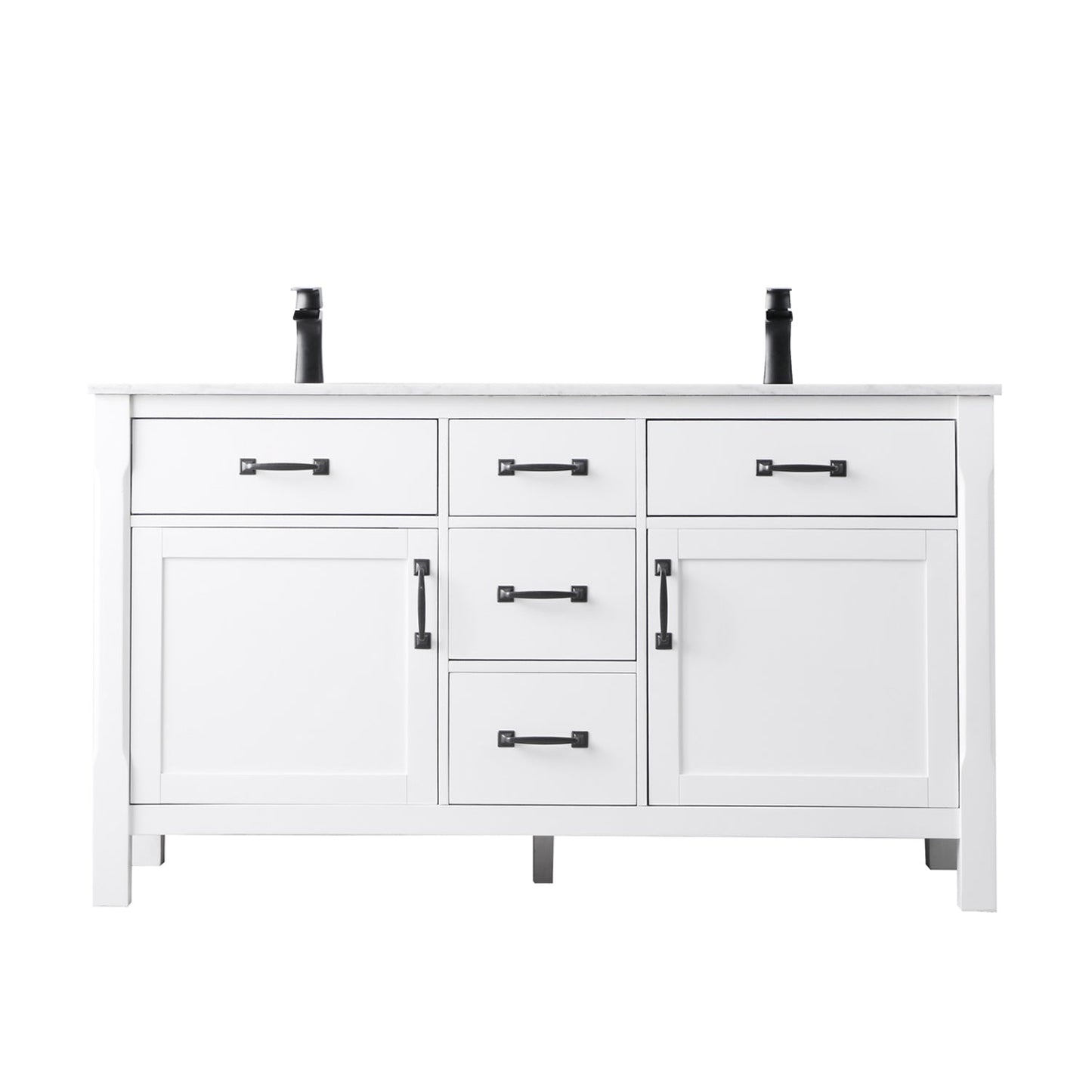Maribella 60" Double Bathroom Vanity Set in White and Carrara White Marble Countertop without Mirror