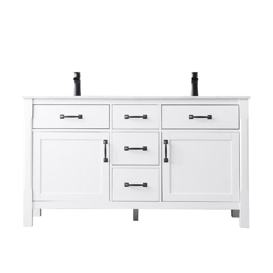 Maribella 60" Double Bathroom Vanity Set in White and Carrara White Marble Countertop without Mirror