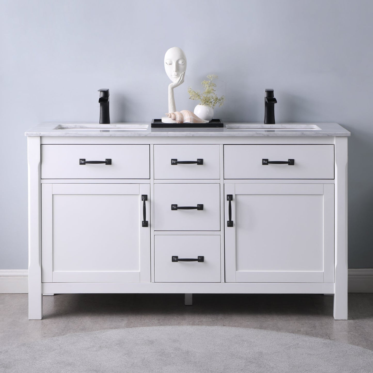 Maribella 60" Double Bathroom Vanity Set in White and Carrara White Marble Countertop without Mirror