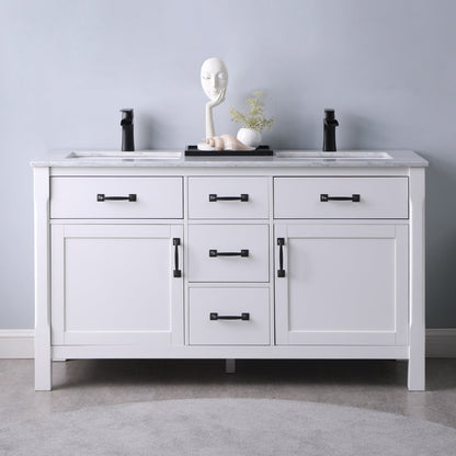 Maribella 60" Double Bathroom Vanity Set in White and Carrara White Marble Countertop without Mirror