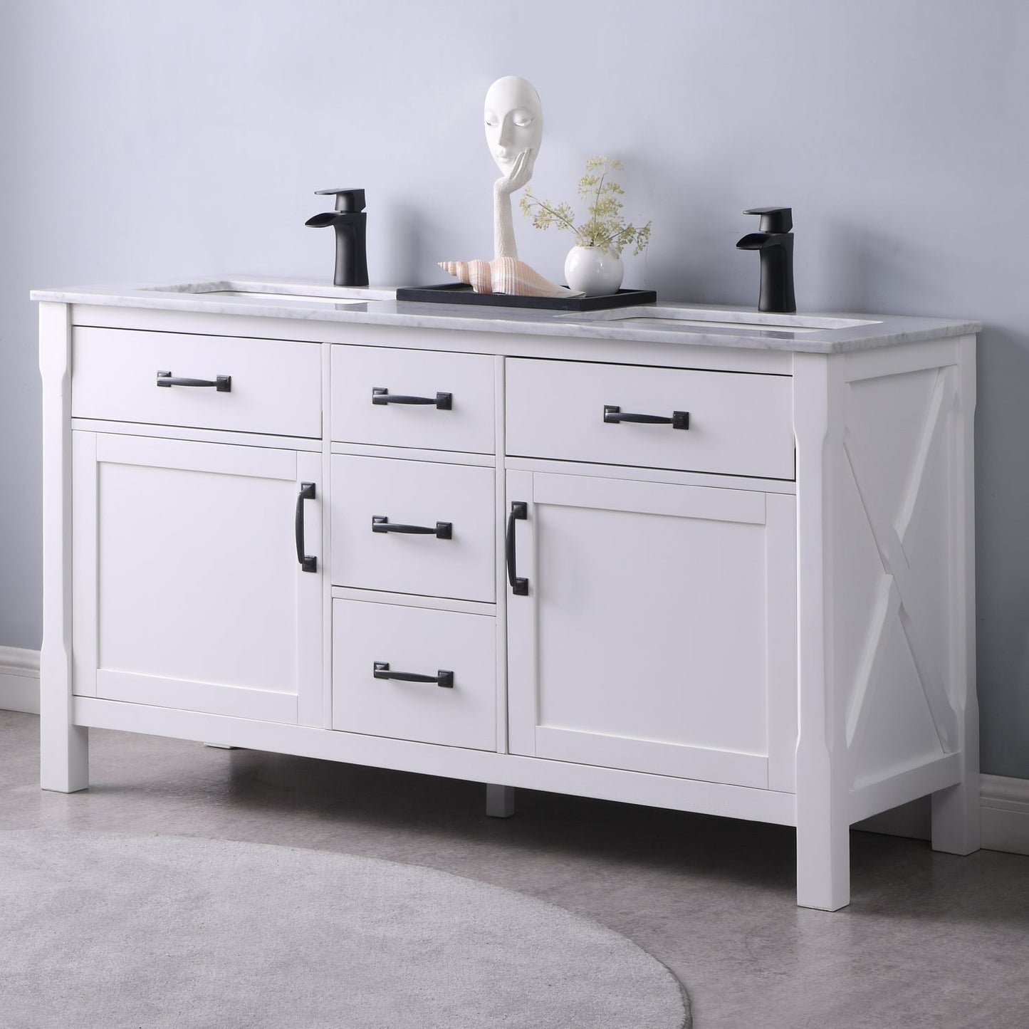 Maribella 60" Double Bathroom Vanity Set in White and Carrara White Marble Countertop without Mirror