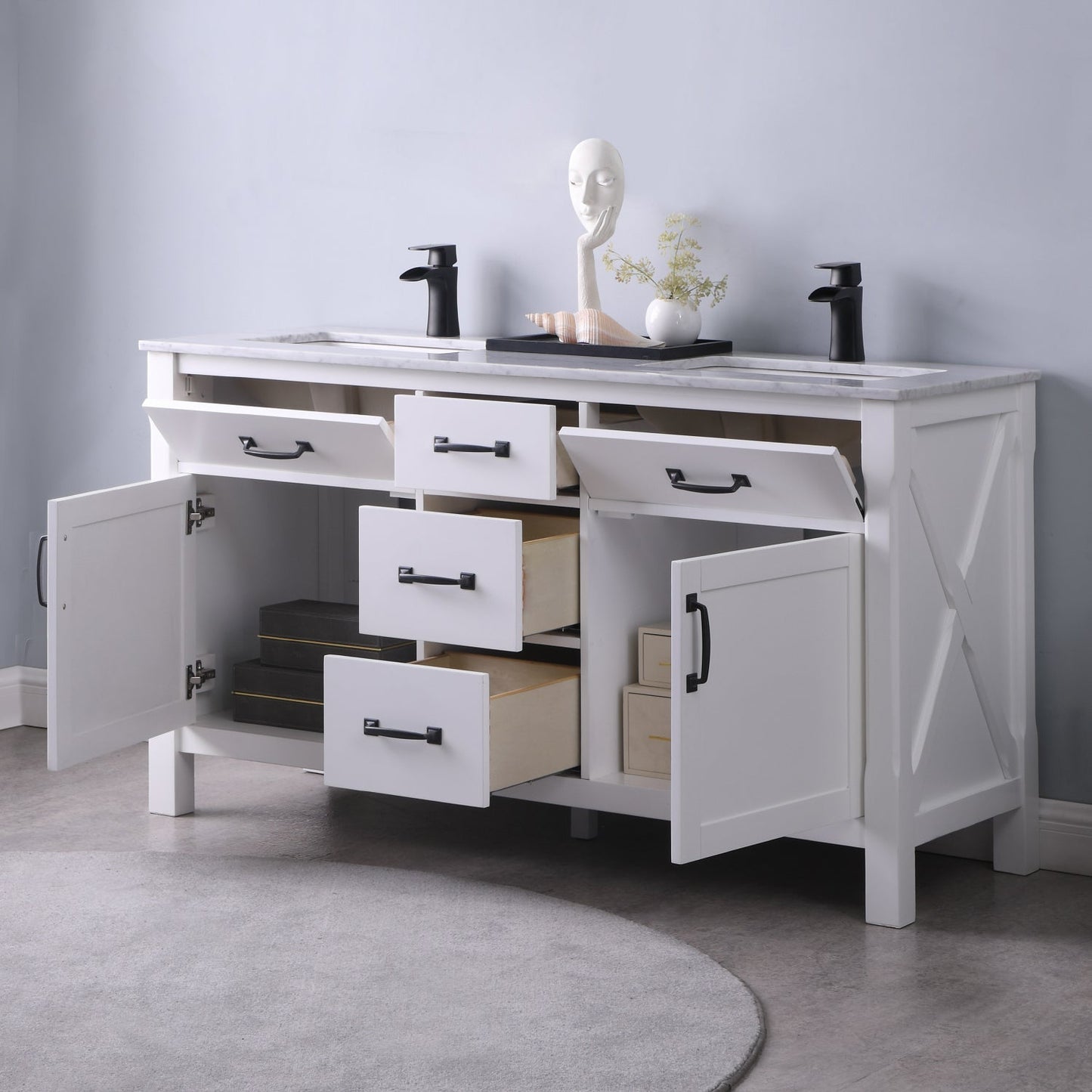 Maribella 60" Double Bathroom Vanity Set in White and Carrara White Marble Countertop without Mirror
