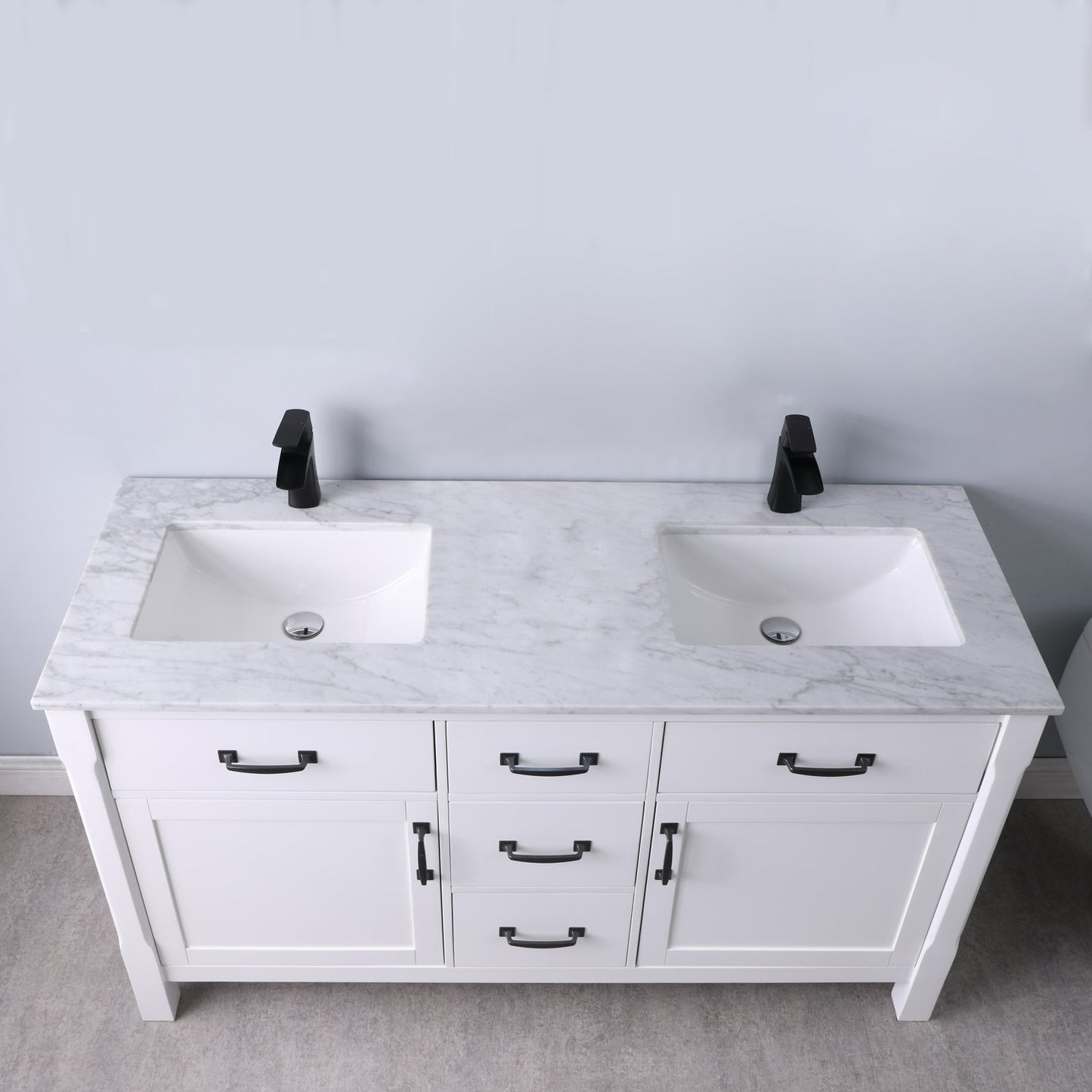 Maribella 60" Double Bathroom Vanity Set in White and Carrara White Marble Countertop without Mirror