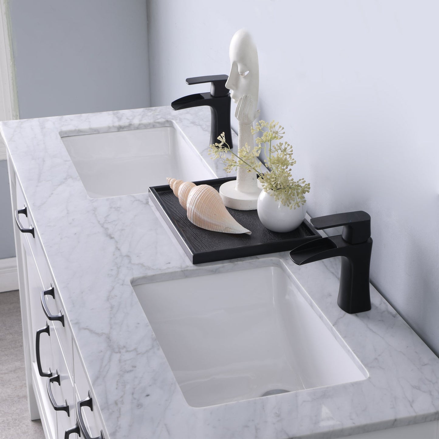 Maribella 60" Double Bathroom Vanity Set in White and Carrara White Marble Countertop without Mirror