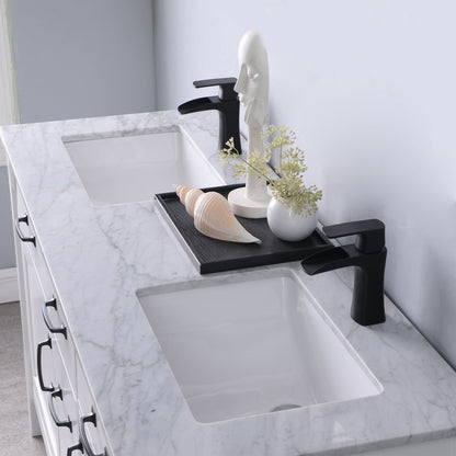 Maribella 60" Double Bathroom Vanity Set in White and Carrara White Marble Countertop without Mirror