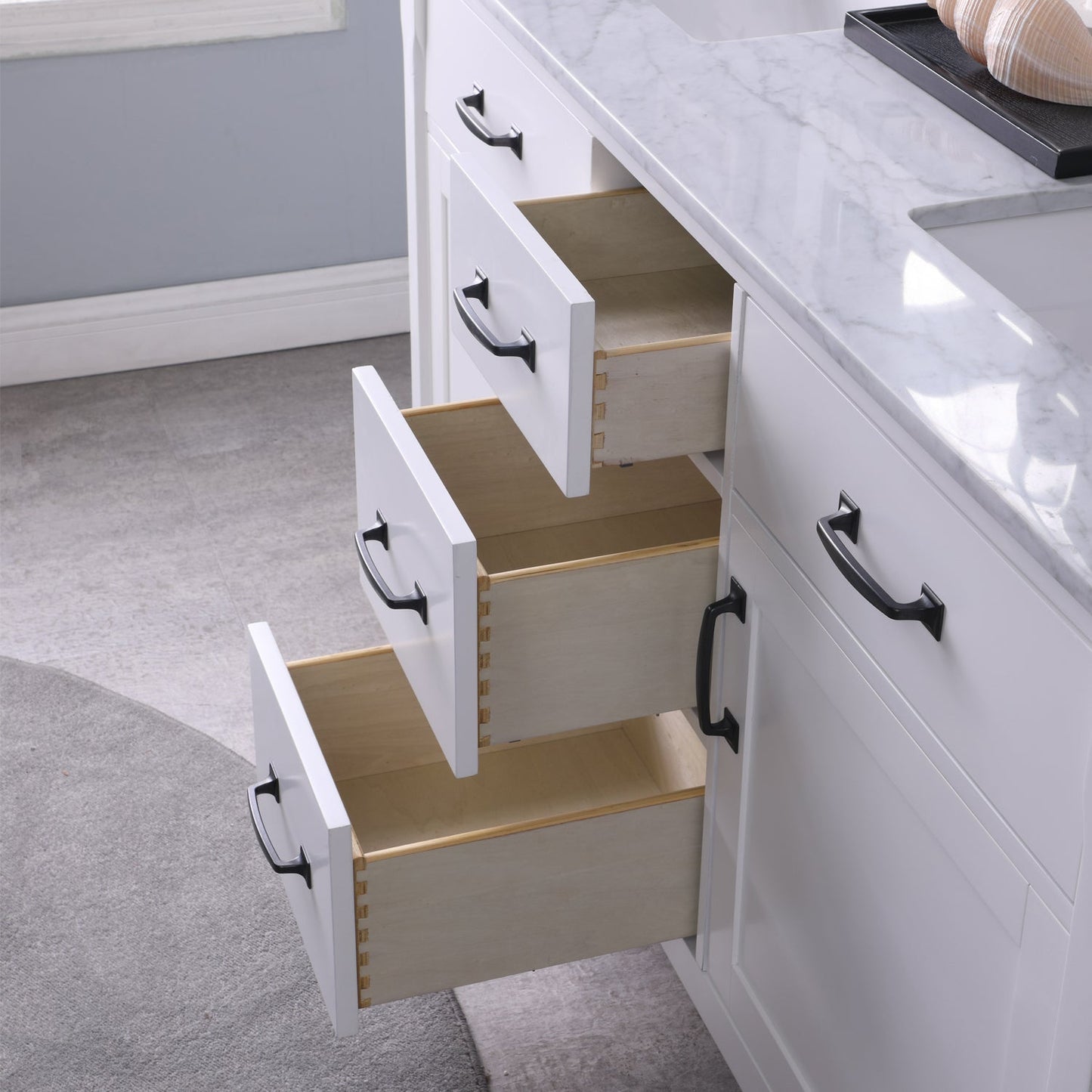 Maribella 60" Double Bathroom Vanity Set in White and Carrara White Marble Countertop without Mirror