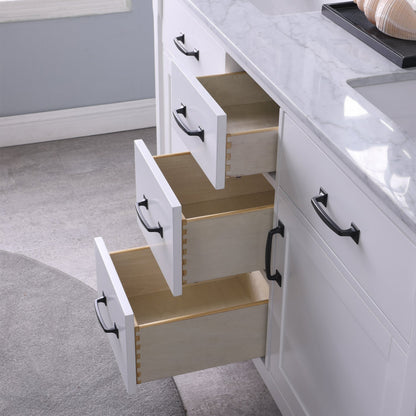 Maribella 60" Double Bathroom Vanity Set in White and Carrara White Marble Countertop without Mirror
