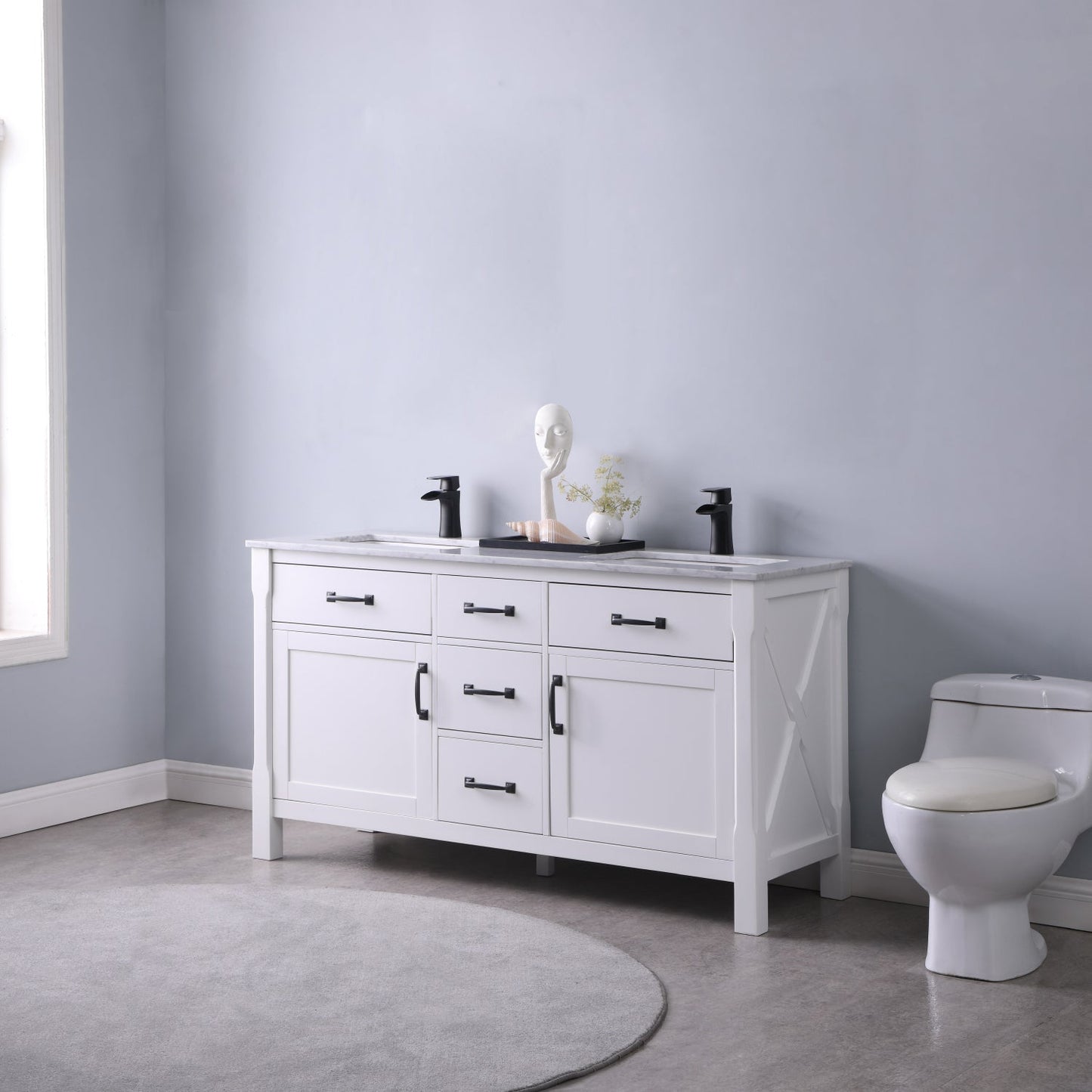 Maribella 60" Double Bathroom Vanity Set in White and Carrara White Marble Countertop without Mirror