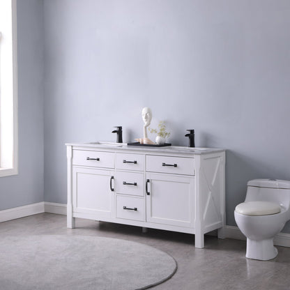 Maribella 60" Double Bathroom Vanity Set in White and Carrara White Marble Countertop without Mirror