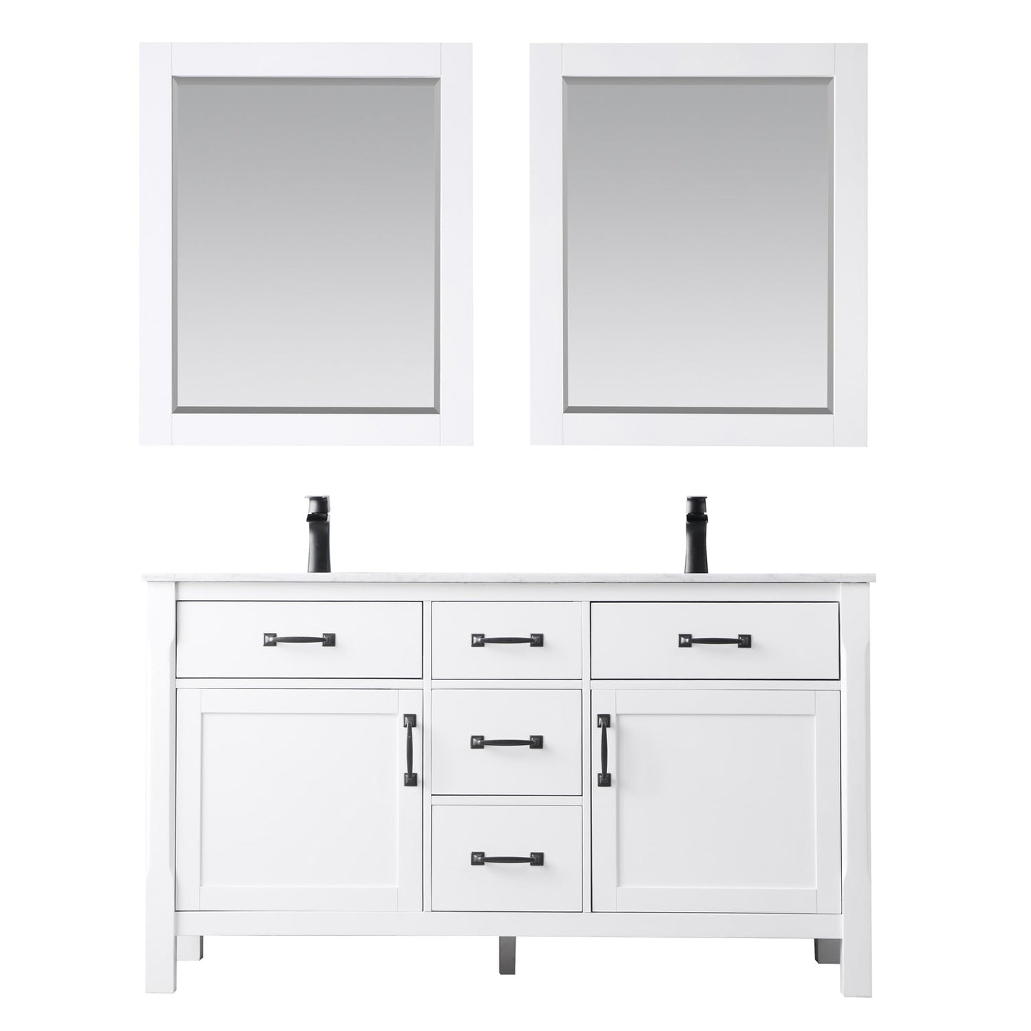 Maribella 60" Double Bathroom Vanity Set in White and Carrara White Marble Countertop with Mirror
