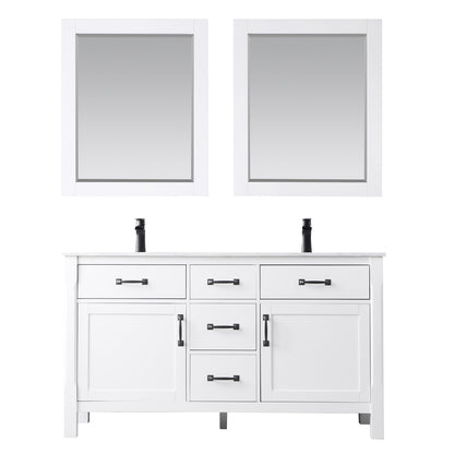 Maribella 60" Double Bathroom Vanity Set in White and Carrara White Marble Countertop with Mirror