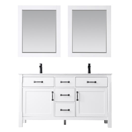 Maribella 60" Double Bathroom Vanity Set in White and Carrara White Marble Countertop with Mirror