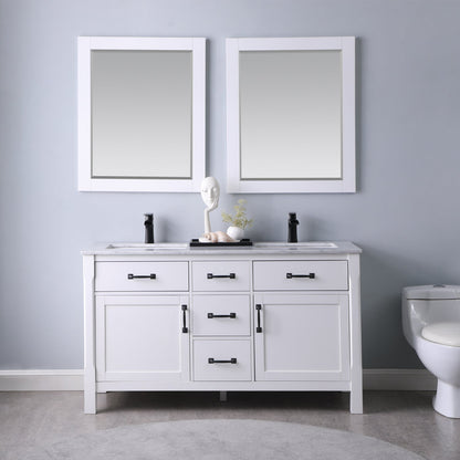 Maribella 60" Double Bathroom Vanity Set in White and Carrara White Marble Countertop with Mirror