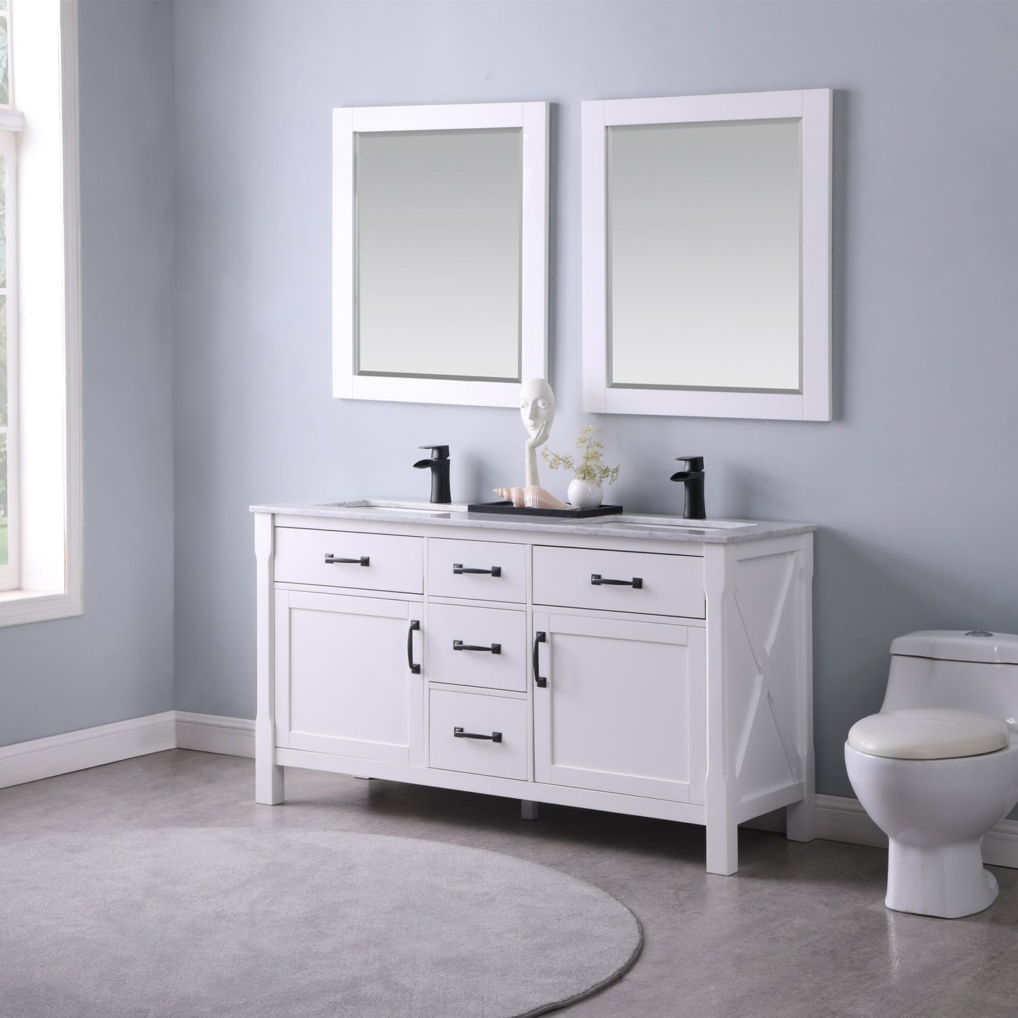 Maribella 60" Double Bathroom Vanity Set in White and Carrara White Marble Countertop with Mirror