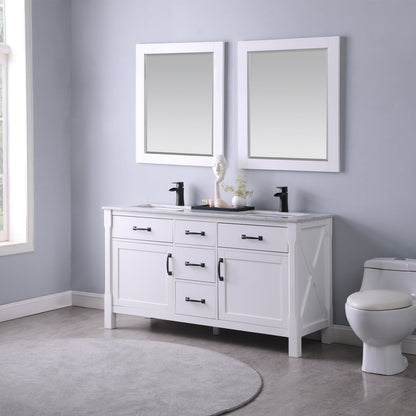 Maribella 60" Double Bathroom Vanity Set in White and Carrara White Marble Countertop with Mirror