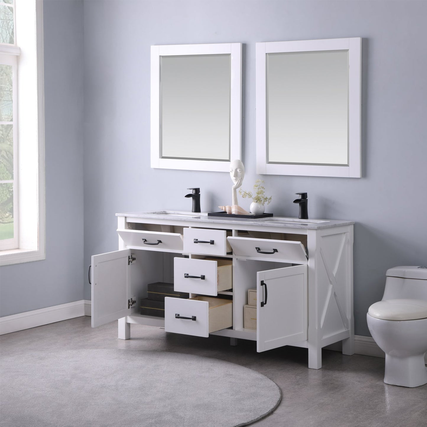 Maribella 60" Double Bathroom Vanity Set in White and Carrara White Marble Countertop with Mirror