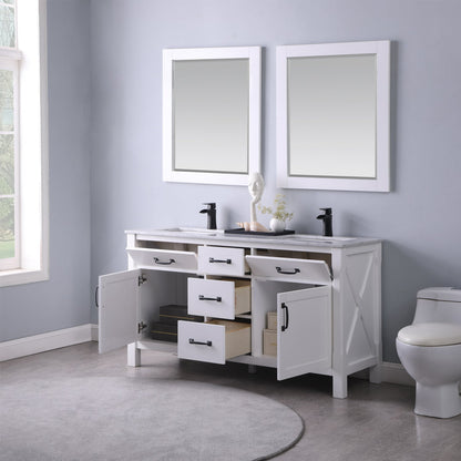 Maribella 60" Double Bathroom Vanity Set in White and Carrara White Marble Countertop with Mirror