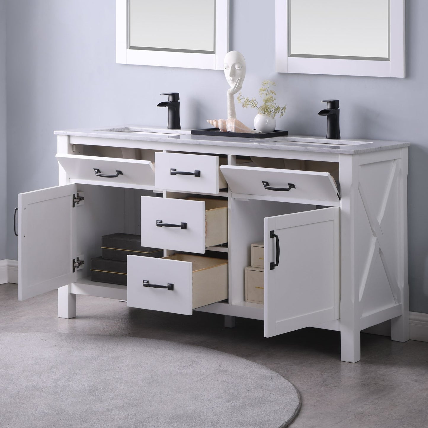 Maribella 60" Double Bathroom Vanity Set in White and Carrara White Marble Countertop with Mirror