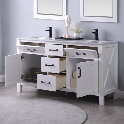 Maribella 60" Double Bathroom Vanity Set in White and Carrara White Marble Countertop with Mirror