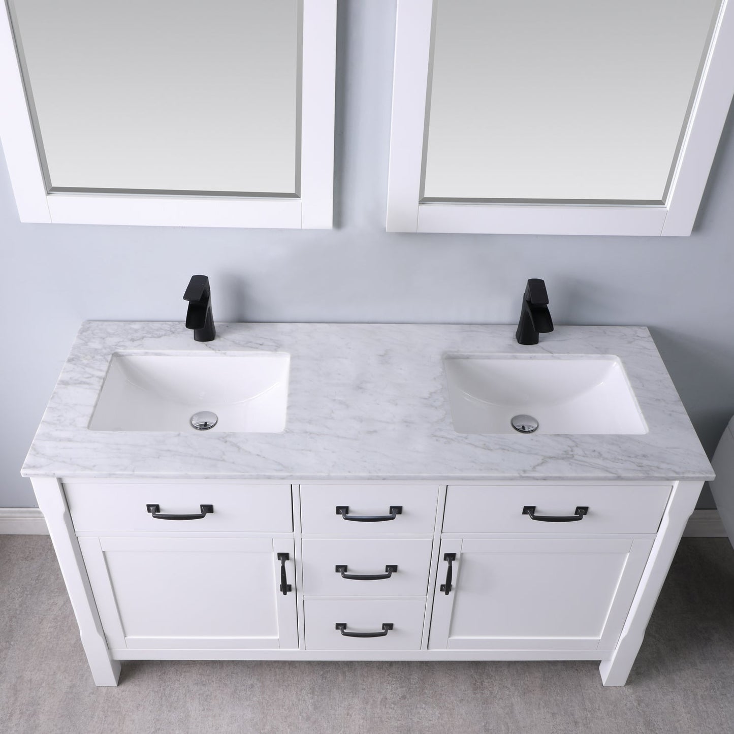 Maribella 60" Double Bathroom Vanity Set in White and Carrara White Marble Countertop with Mirror