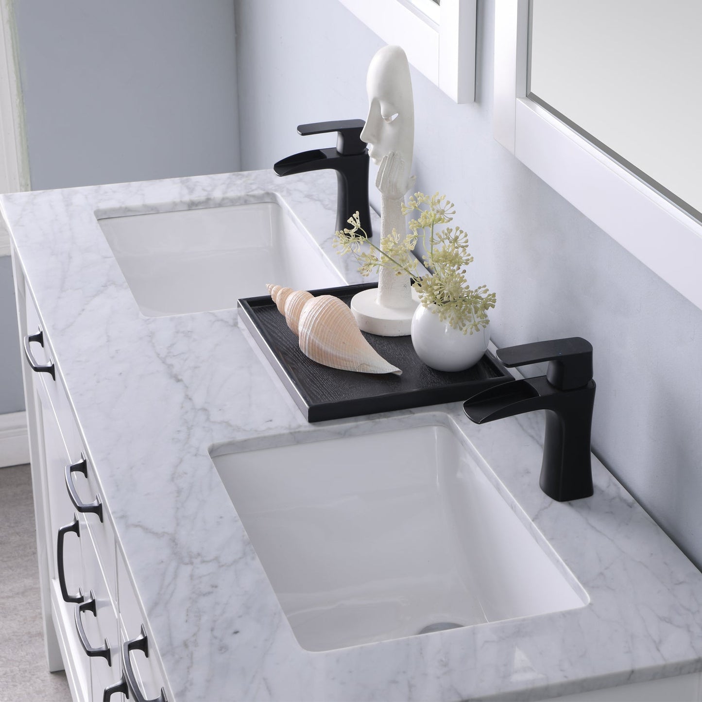Maribella 60" Double Bathroom Vanity Set in White and Carrara White Marble Countertop with Mirror