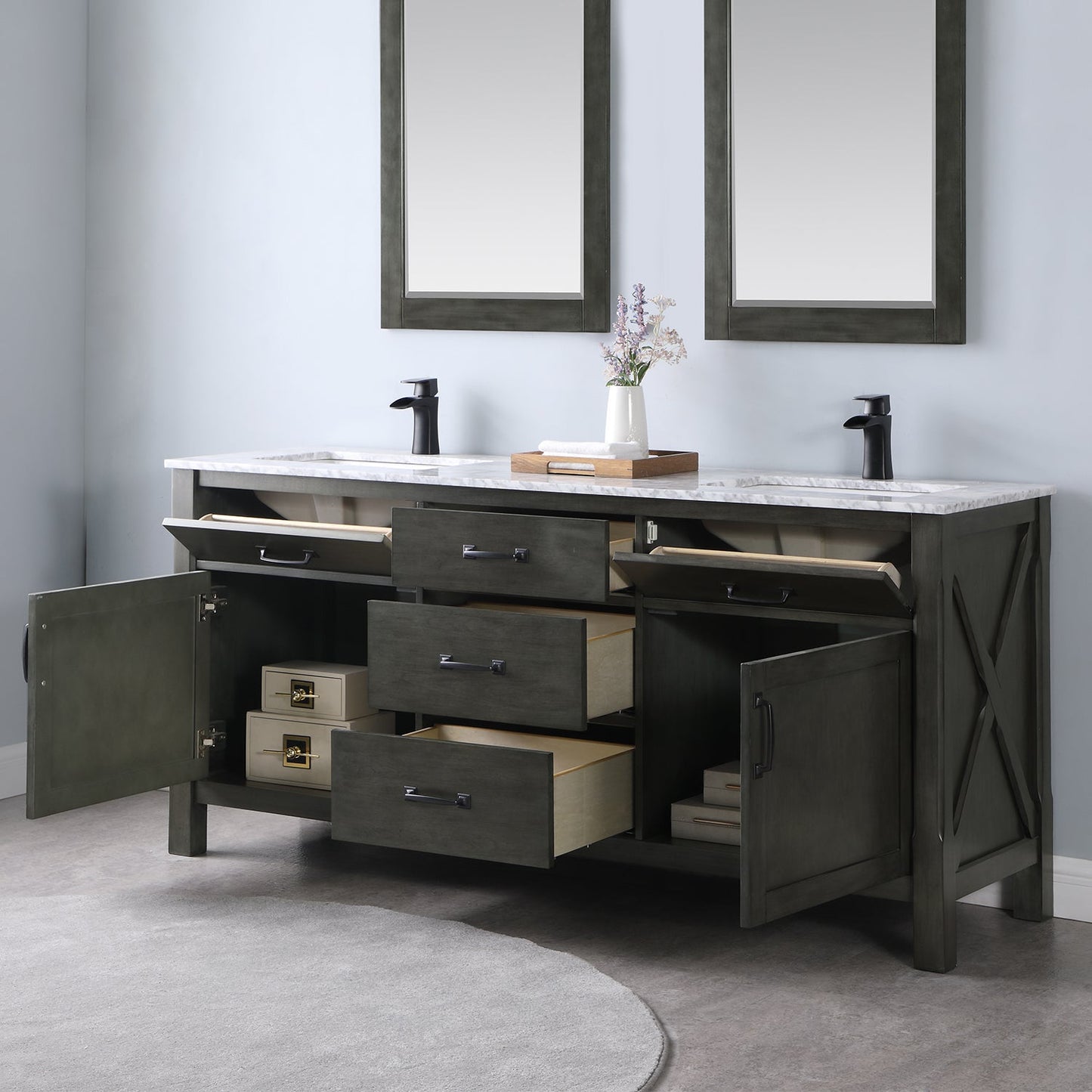 Maribella 72" Double Bathroom Vanity Set in Rust Black and Carrara White Marble Countertop without Mirror