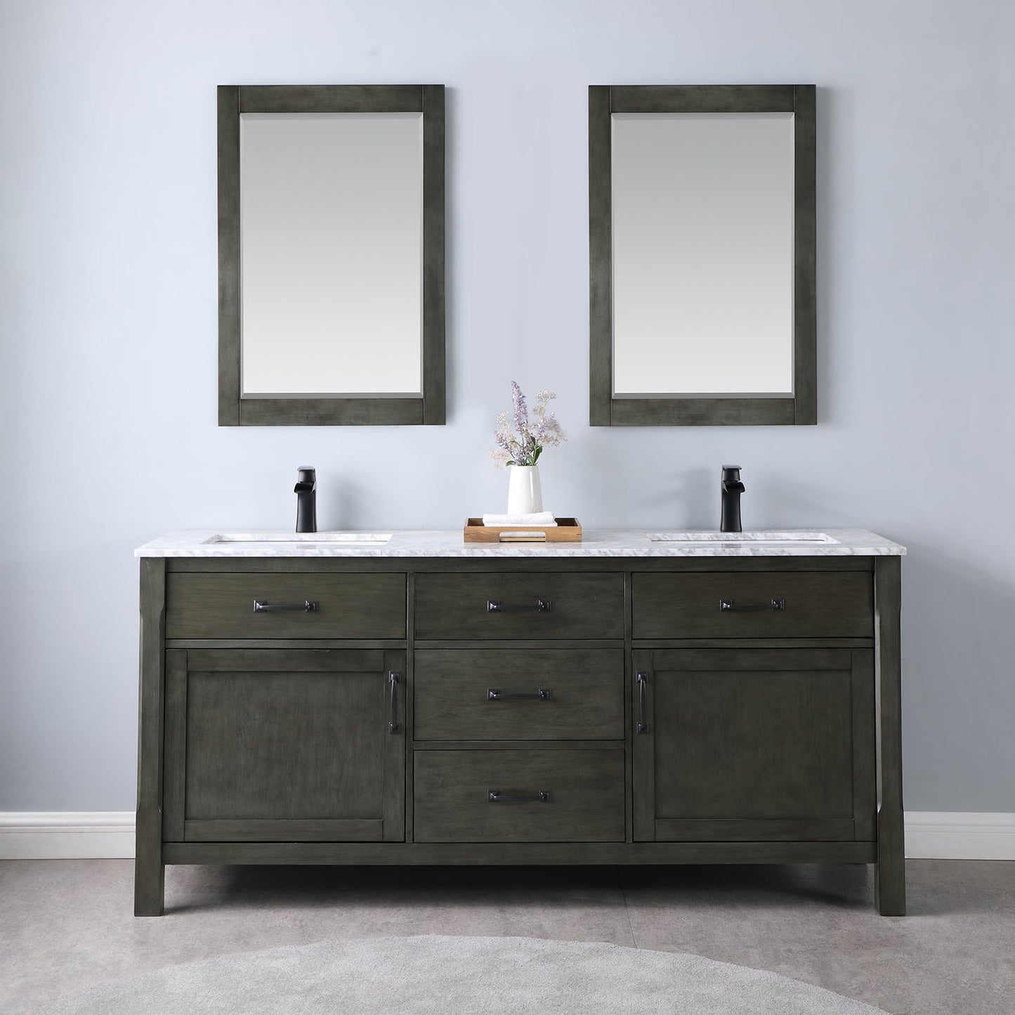 Maribella 72" Double Bathroom Vanity Set in Rust Black and Carrara White Marble Countertop without Mirror