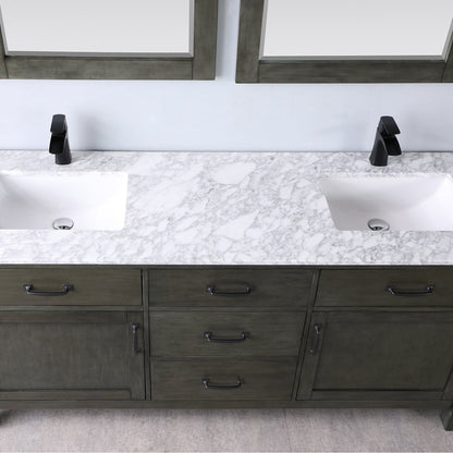 Maribella 72" Double Bathroom Vanity Set in Rust Black and Carrara White Marble Countertop with Mirror