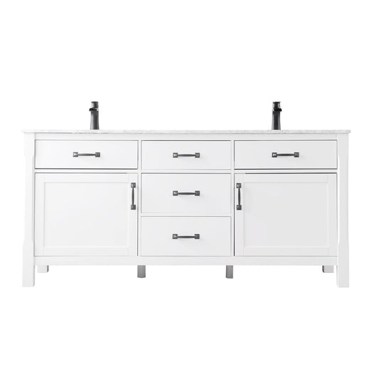 Maribella 72" Double Bathroom Vanity Set in White and Carrara White Marble Countertop without Mirror