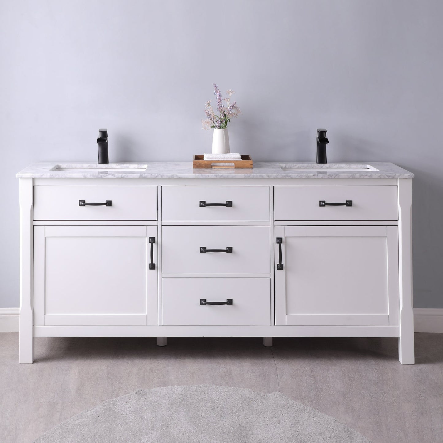 Maribella 72" Double Bathroom Vanity Set in White and Carrara White Marble Countertop without Mirror