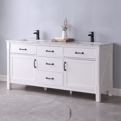 Maribella 72" Double Bathroom Vanity Set in White and Carrara White Marble Countertop without Mirror