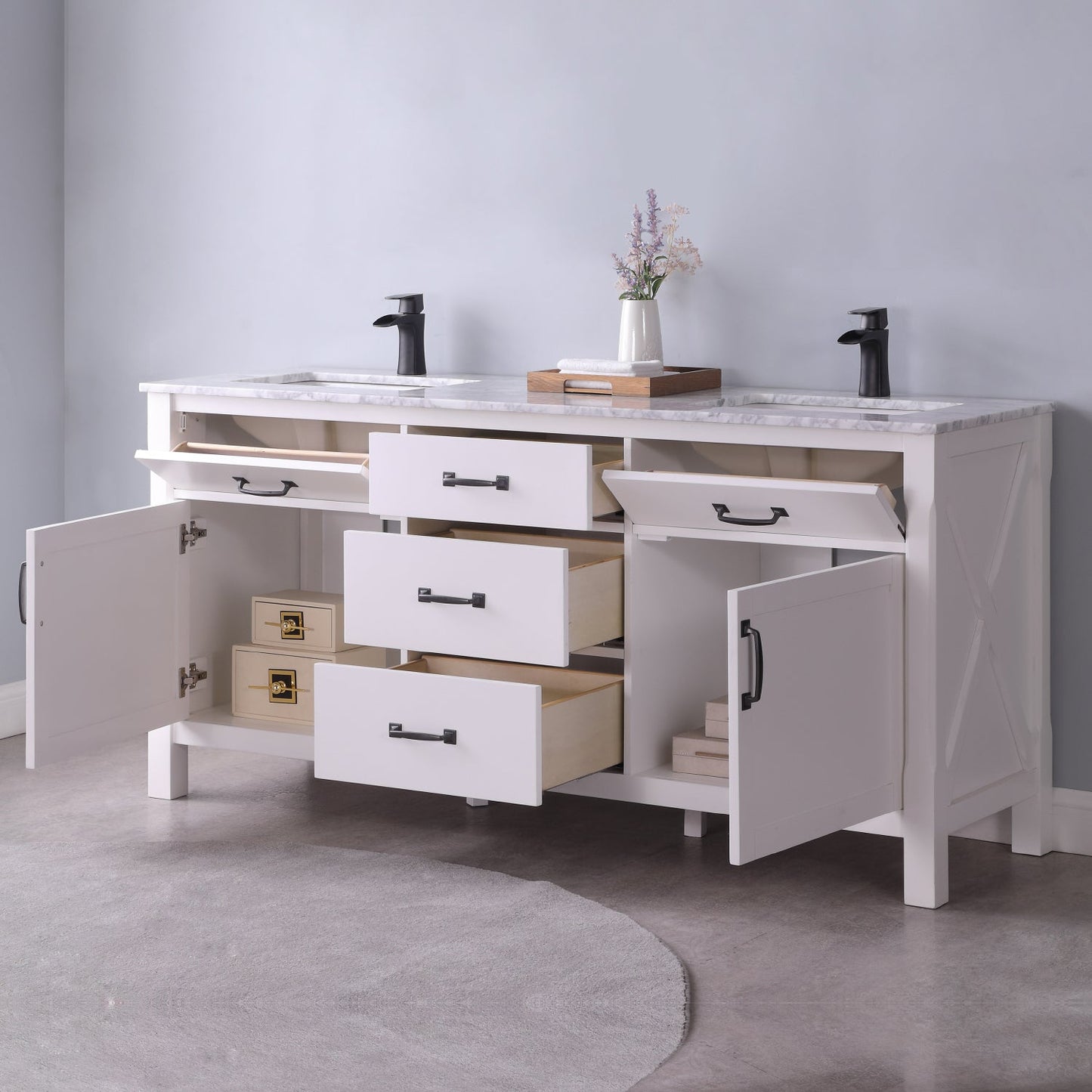 Maribella 72" Double Bathroom Vanity Set in White and Carrara White Marble Countertop without Mirror