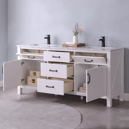 Maribella 72" Double Bathroom Vanity Set in White and Carrara White Marble Countertop without Mirror