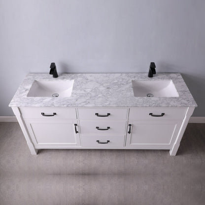 Maribella 72" Double Bathroom Vanity Set in White and Carrara White Marble Countertop without Mirror