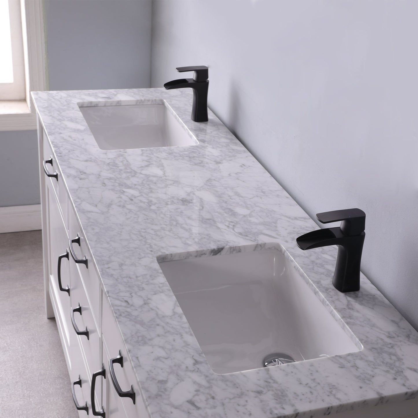 Maribella 72" Double Bathroom Vanity Set in White and Carrara White Marble Countertop without Mirror